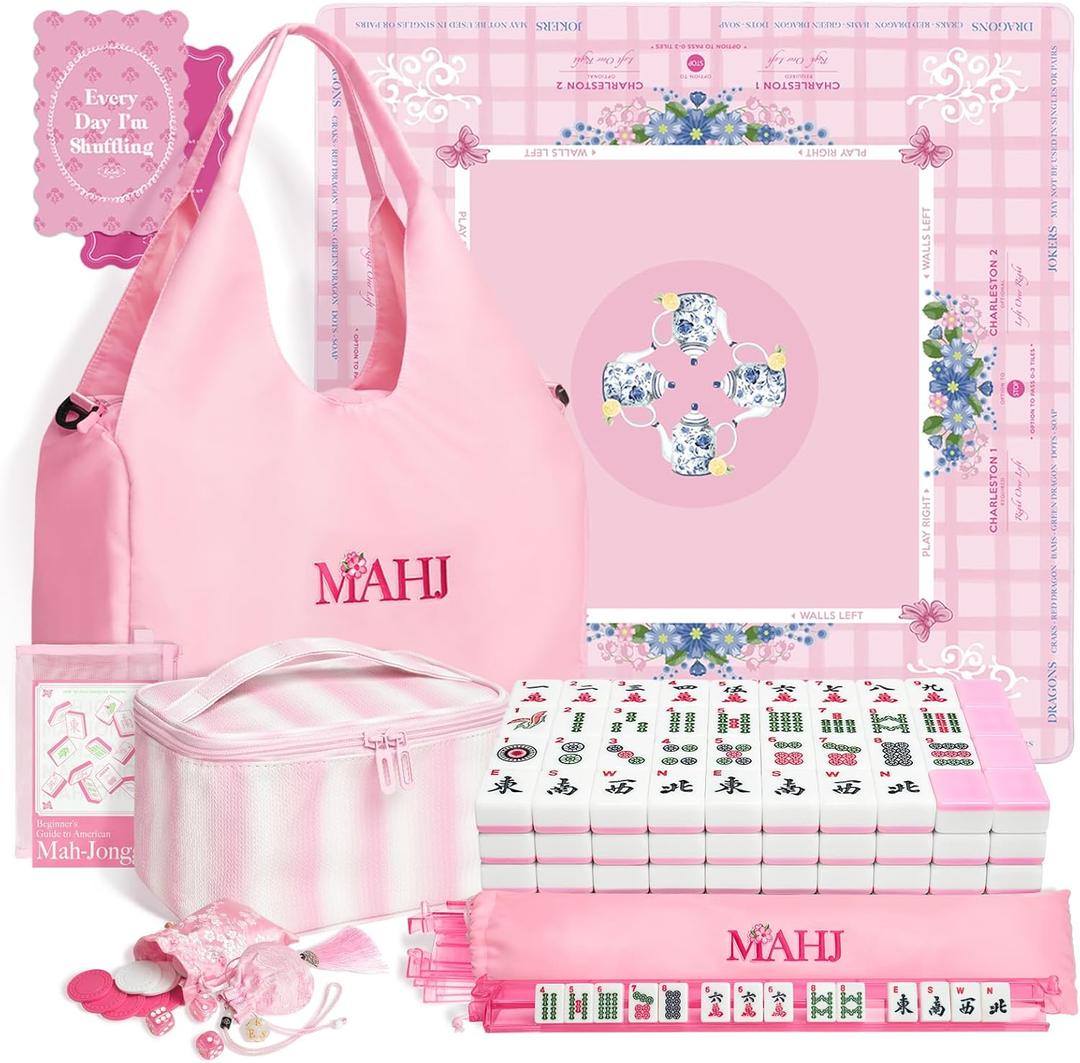 Complete American Mahjong Set with 166 Tiles, Quiet Mahjong Mat, 4 Racks with Pushers, Dice, Chips, Storage Bags & Instruction, Portable Mahjong Game for Travel, Family Game Night & Gifts(Floral Tea)