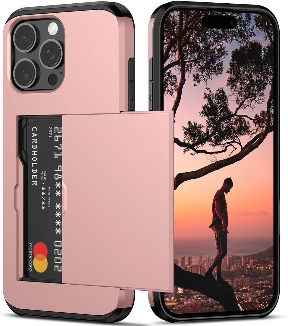 Nvollnoe Compatible with iPhone 16 Pro Max Case with Card Holder Dual Layer Heavy Duty Protective Shockproof Hidden Card Slot Slim Wallet Phone Cover for Women&Men 6.9 inch(Rose Gold)
