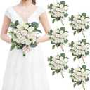 Bridesmaids Bouquets for Wedding - Set of 6 Realistic Artificial Rose Eucalyptus Silk Bride Flowers for Bridal Shower Ceremony Decorations - Ivory White