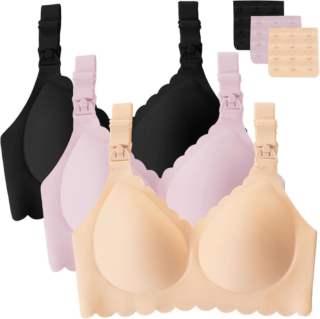 Gailife 3 Pack Nursing Bras for Breastfeeding Seamless Wireless Maternity Bras for Pregnancy Soft Sleep Breastfeeding Bra (XX-Large, Black/Beige/Pink)