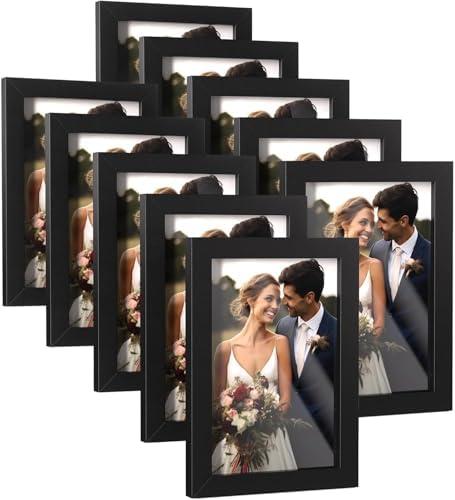 HappyHapi 4x6 Picture Frames Set of 10, Tabletop or Wall Display Pictures 3.5x5 with Mat or 4x6 Without, Multi Photo Frames Collage (Black)