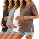Huukeay 4 Pack Women's Maternity Shirts Loose Fit Summer T Shirts Pregnancy Tunic Tops Side Split Oversized Pregnant Clothes (Large, Coffee, White, Light Gray, Black)
