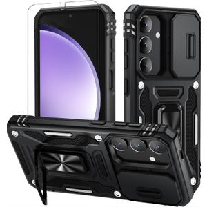 WRJ for Samsung Galaxy S25/Galaxy S24 Case with Slide Camera Cover and Screen Protector, Military Grade Protection [Rotated Ring Kickstand] Heavy Duty Shockproof Protective Cover-Black