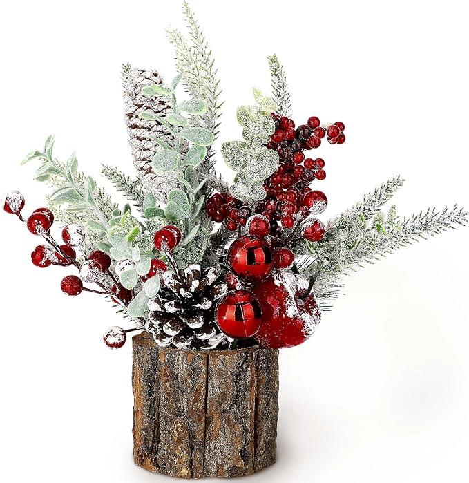 Small Christmas Tree Tabletop Artificial Mini Christmas Tree Decorations with Holiday Ornaments Red Berry Pine Cone Greenery for Home Indoor Fireplace Mantel Xmas Decor Indoor Outdoor