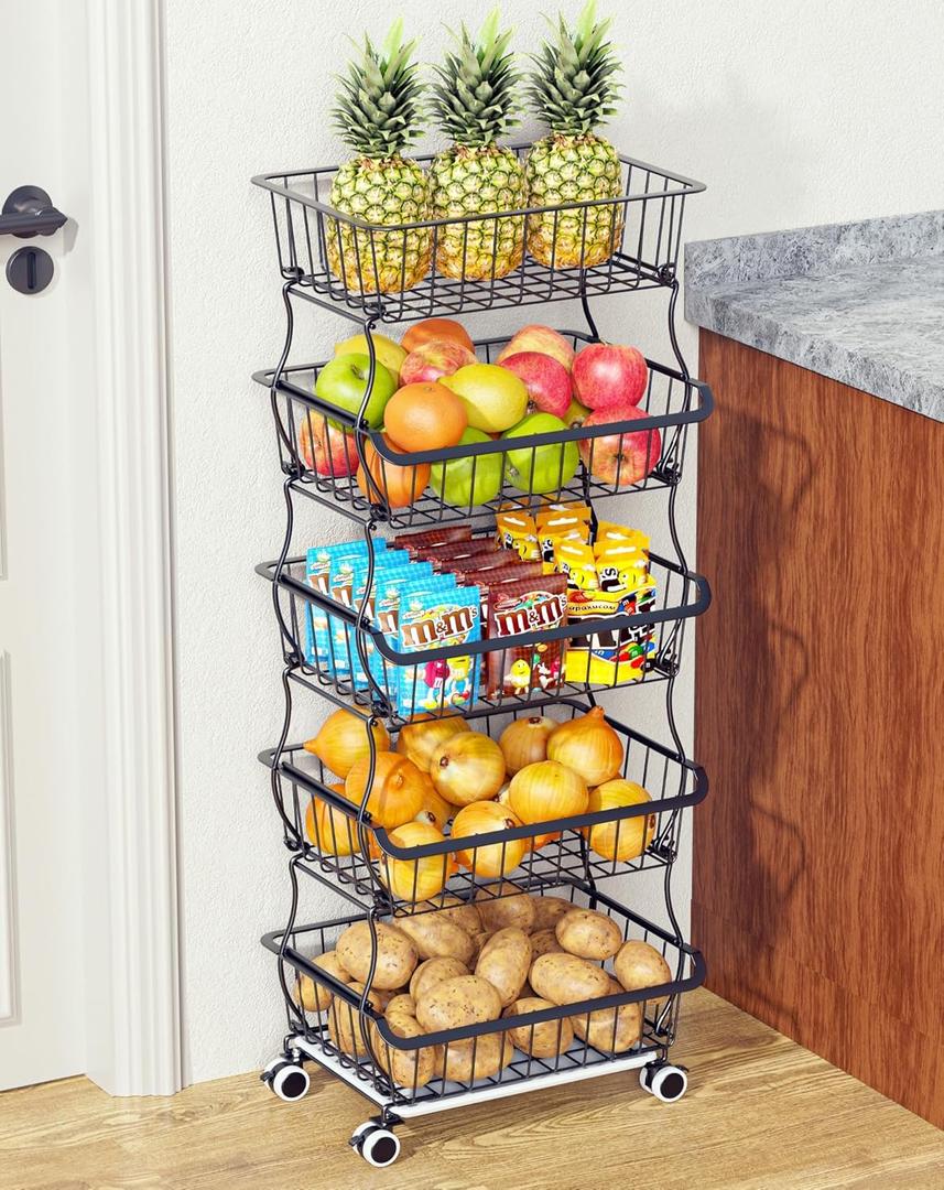 OKZEST 5 Tier Fruit Basket for Kitchen, Stackable Bins Wire Rack with Wheels, Fruit and Vegetable Storage Basket Pantry Food Snack Organizer Shelf, Kitchen Storage Cart for Onion and Potato, Produce (Black)