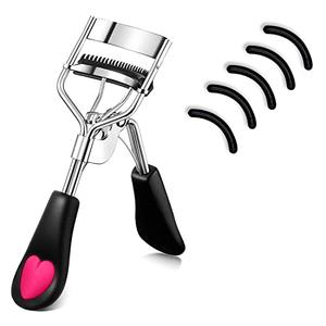MERVK Stainless Steel Eyelash Curler with Built-in Comb Pinch Pain-Free Suitable for Any Eye Shapes and Sizes, with 5 Silicone Refill Pads (Black)