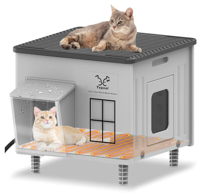 Tepoal Plastic Heated Cat House for Outside Winter, Weatherproof Outside Cats Shelter with Safety Escape Doors and Heating Pads, Elevated Feral Cat House for Wild and Stray Cats 17.7"x17"x17.5" (Grey)