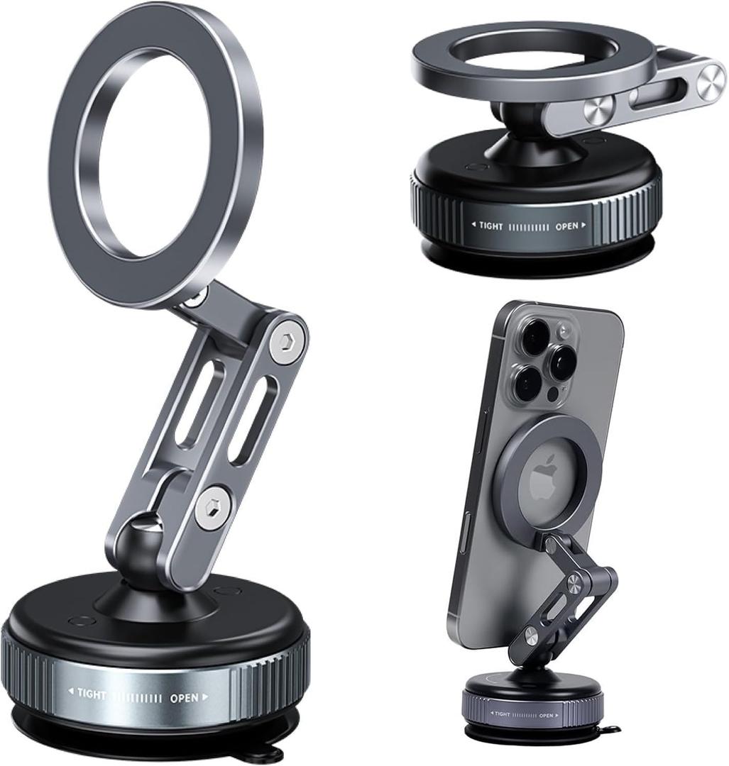 Vacuum Magnetic Car Phone Mount for MagSafe, 360 Adjustable Ball Joint, Strong Suction Cup Windshield Phone Holder with Aluminum Alloy Telescopic Arm (Grey)