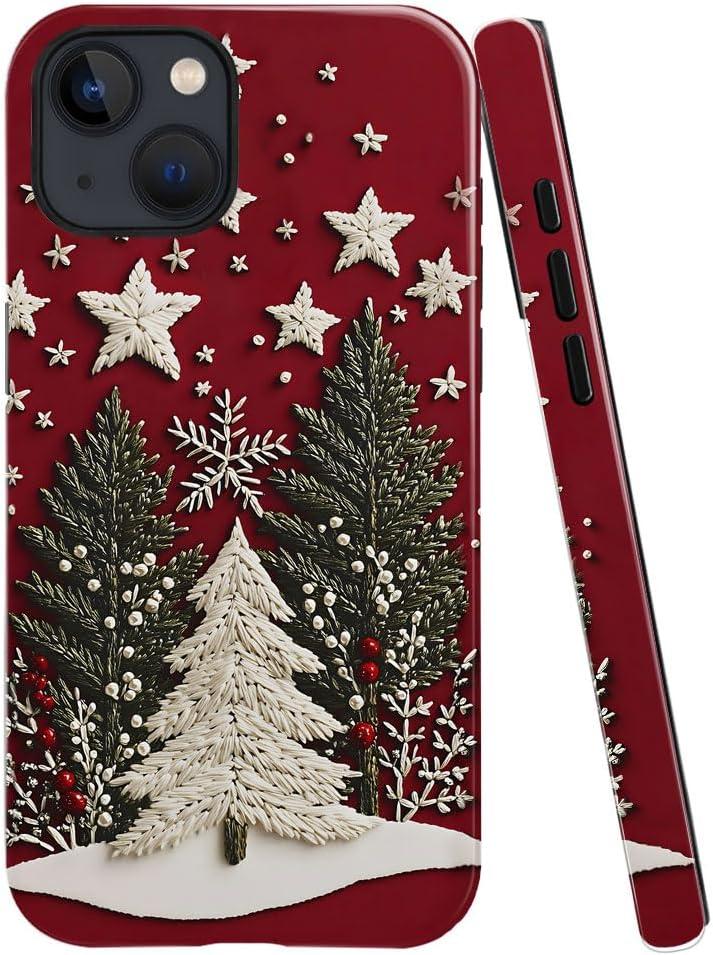 Case for iPhone 13 - Slim Fit Anti-Scratch Phone Case for Girl Women - Winter Christmas Snowy Tree Star Red (Glossy)