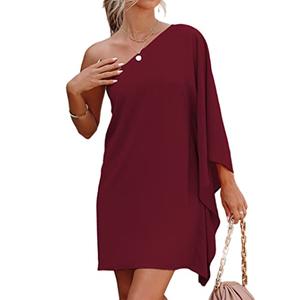 Women's Flowy Long Sleeve One Shoulder Night Out Dress Casual Valentines Day Cocktail Dresses, S