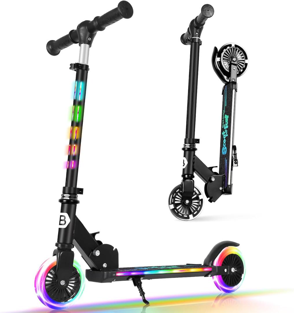 BELEEV V3 Scooter for Kids with Light-Up Wheels & Stem & Deck, 2 Wheel Folding Scooter for Girls Boys, 4 Adjustable Height, Lightweight Kick Scooter with Handy Kickstand for Children Ages 3-12 (Dark Black)