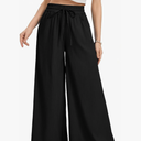 Pants Women Elastic Drawstring Waisted Palazzo Cropped Trousers Baggy Slacks with Pockets, Black , L