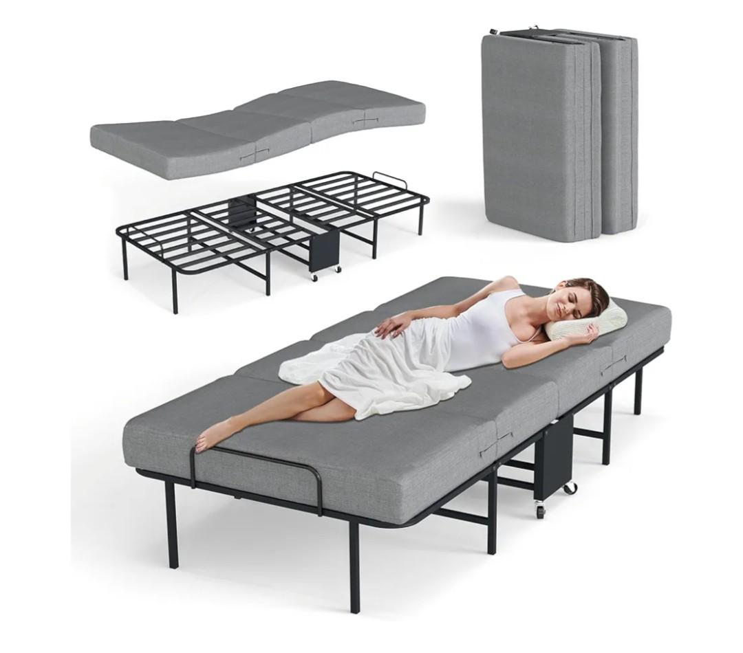 Folding Beds with Mattress, Portable Foldable Bed for Adults, Roll Away Bed Guest on Wheels, Memory Foam Mattress and Metal Frame, Space Saving Fold Up for Easy Storage, 75" x 38"