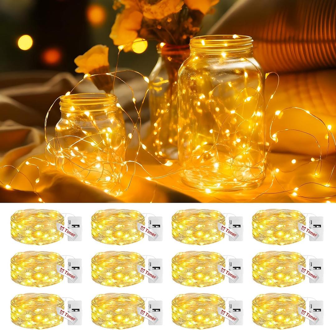 litogo 12 Pack Yellow Fairy Lights Battery Operated with Timer, 20 LED 3 Modes Twinkle Light, 7ft Waterproof Silver Wire Mini Small Bulk Mason Jar String Light, Decor for Wedding Party Christmas