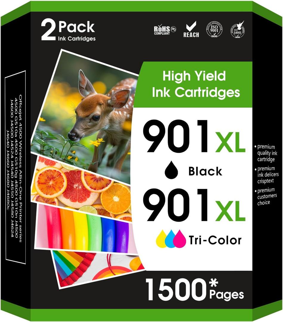 901XL Black and Color Ink Cartridge Compatible for HP Printer Ink 901 Work with HP Officejet 4500, J4524, J4540, J4550, J4580, J4624, J4680 Printer