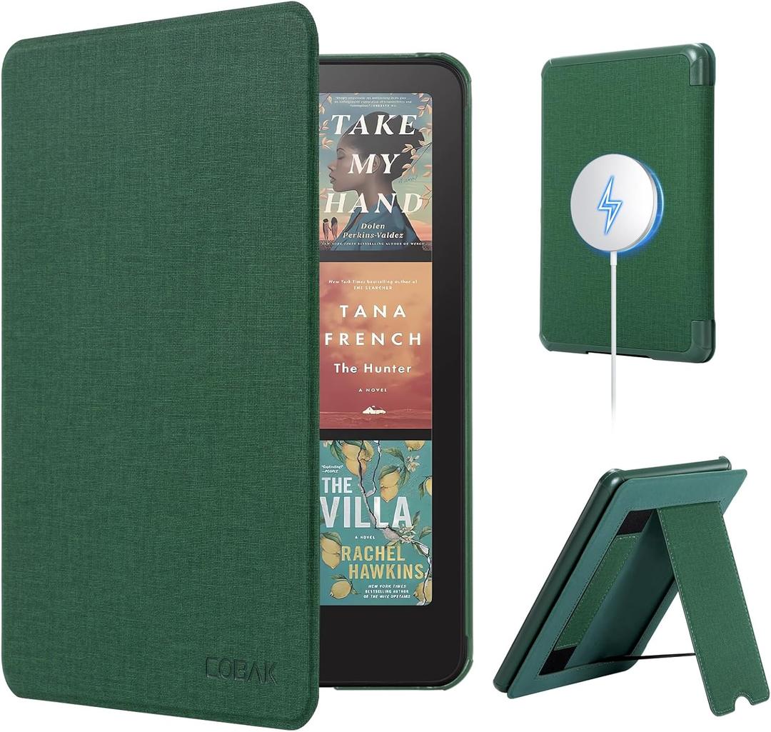CoBak Lightweight Stand Case for 7" Kindle Paperwhite 12th Gen 2024 and Kindle Colorsoft with Right Hand Strap - Compatible with iPhone MagSafe, for Samsung/Belkin/Anker Wireless Charging Pads (Fabric Dark Green)