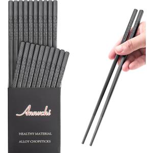 Chopsticks - 10 Pairs Reusable Fiberglass Alloy Chopstick Set, Dishwasher Safe (Pure Black) (A)