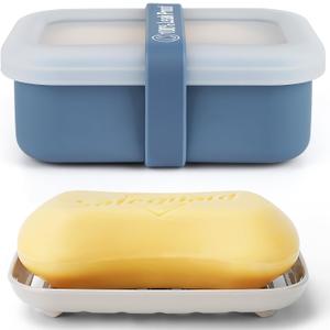 Compact Leakproof Travel Soap Case with Lid & Silicone Strap - Portable Draining Soap Bar Holder for Gym, Bathroom, Camping - Lightweight Silicone Soap Dish Container (Blue)