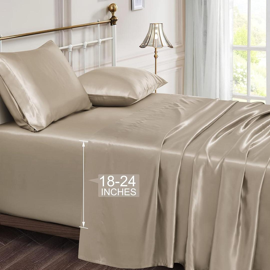 Vonty Satin Sheets Extra Deep Pocket King Size Sheets Cooling & Silky Satin King Sheets Set with 18-24 Inch Deep Pocket, Taupe Satin Bed Sheets Fit Up to 24" Deep Matress 4 Piece