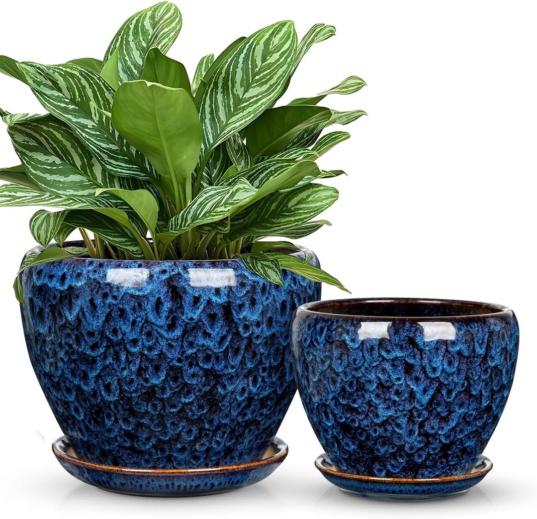 Hollyone 9+7 Inch Ceramic Planter Set of 2 Blue Ceramic Plant Pot for Plants Flowers with Drainage Hole and Saucers Ceramic Glaze Round Plant Pot Indoor Outdoor Large Succulent Orchid Flower Pot