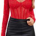 Avidlove Women Long Sleeve Bodysuit Sparkle Body Suits Top Mesh One Piece Leotard Shirt Going Out Tops Fall Outfits (Red, XXL)