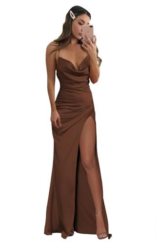 MildApril Women's Spaghetti Strap Satin Bridesmaid Dresses Lace Up Back Long Mermaid Formal Dress with Slit Chocolate, Medium
