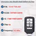 SUPALAND Smart Key Fob Keyless Entry Fits for Honda Accord Insight 2018-2022 (FCC ID:CWTWB1G0090 P/N:72147-TVA-A01) Remote Control Key Replacement 5 Button