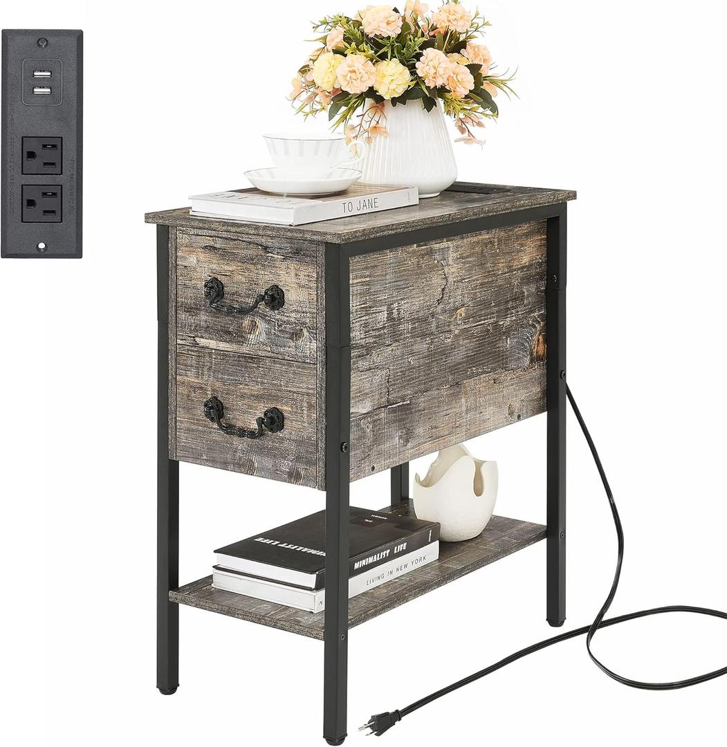 VECELO End Tables,Narrow Nightstands with Charging Station & USB Ports &Drawers,Night Stand for Living Room, Bedroom (Grayish)