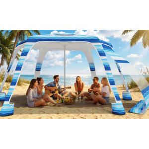 Beach Cabana with 6-Corner, 8'8' UPF50+ Beach Canopy, Adjustable Height Beach Tent Sun Shelter, Cool Cabana Beach Tent with Removable Side Wall, Beach Shade for Garden, Camping (Blue White Stripes)