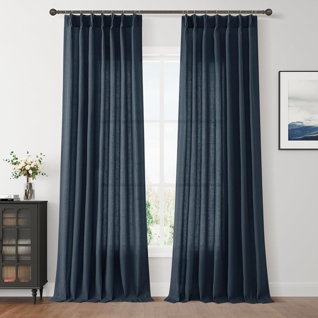 Aersas Pinch Pleated Vintage Blue Linen Curtains 90 Inches Long for Living Room 2 Panel Set Pleat Semi Sheer Back Tab Dark Blue Drapes Kids Room Modren Curtain for Bedroom Window, 40 Inch x 90 Inch
