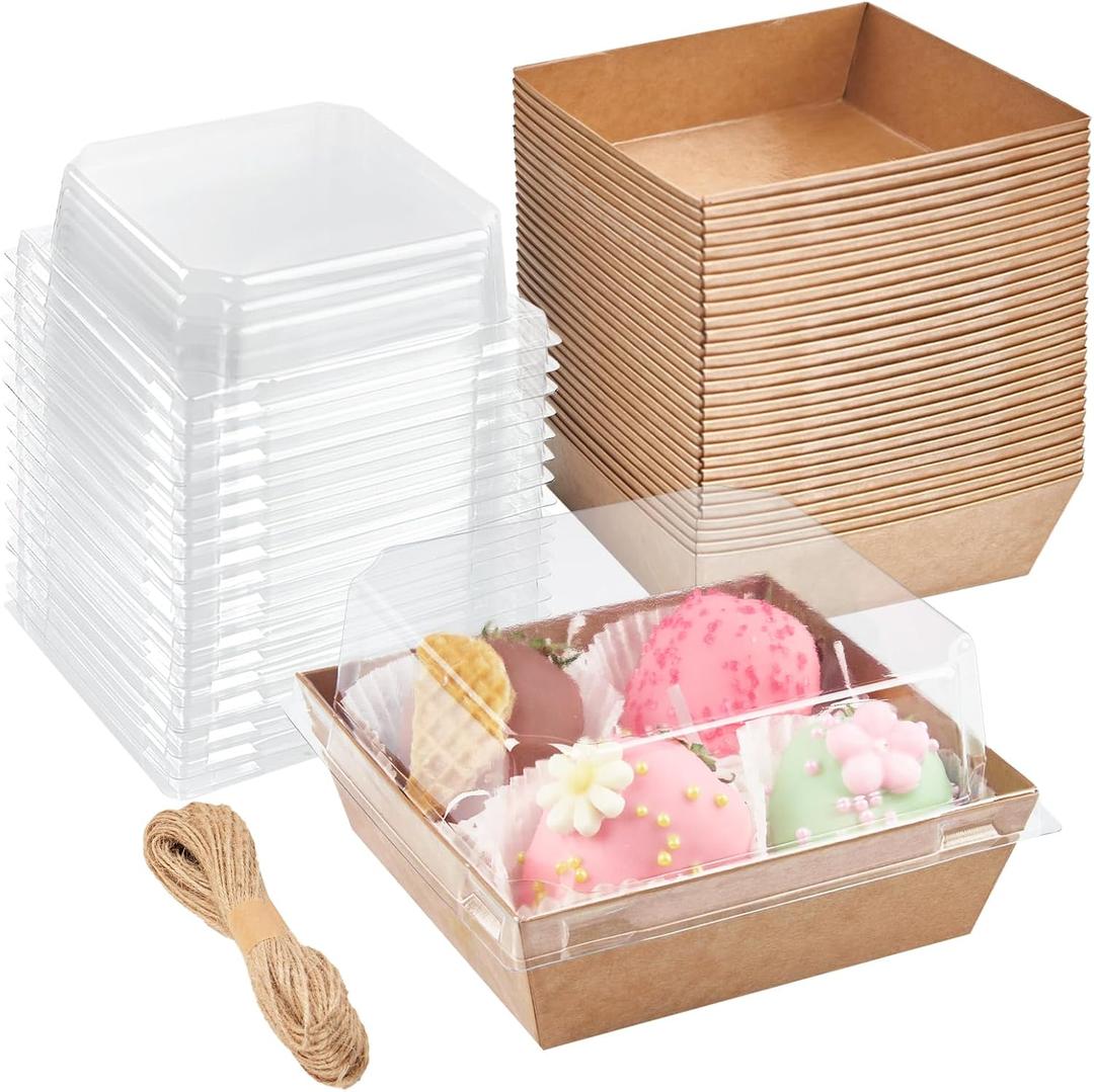 50 Pack Small Paper Charcuterie Boxes with Clear Lids, 44 Inch Mini Cake Slice Boxes To Go Bakery Containers for Individual Desserts, Cookies, Strawberries, Treats (Brown)