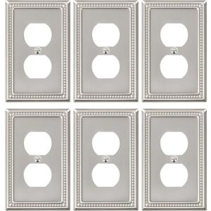6-Pack Duplex Outlet Cover Plate, Metal Wall Plates for Electrical Outlets, Brushed Nickel 1 Gang Receptacle Cover, Pearls Decorative Switch Plates and Outlet Covers