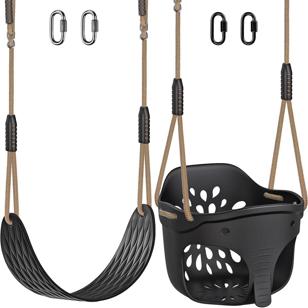 Dolibest Heavy Duty High Back Full Bucket Toddler Swing Seat & Non-Slip Adult Plastic Swing Seat with Adjustable Rope, Locking Carabiners for Indoor/Outdoor Backyard & Playground (600LB)