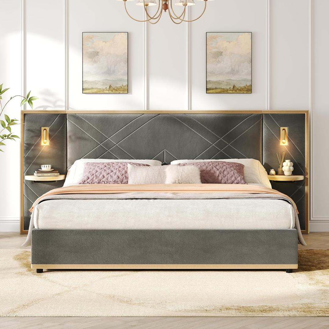 Merax King Bed Frame with 2 Built-in Led Lights and 2 Floating Storage Shelves, Luxury Velvet Upholstered Platform Bed Frame King Size with Wingback Headboard for Bedroom, No Box Spring Needed, Grey