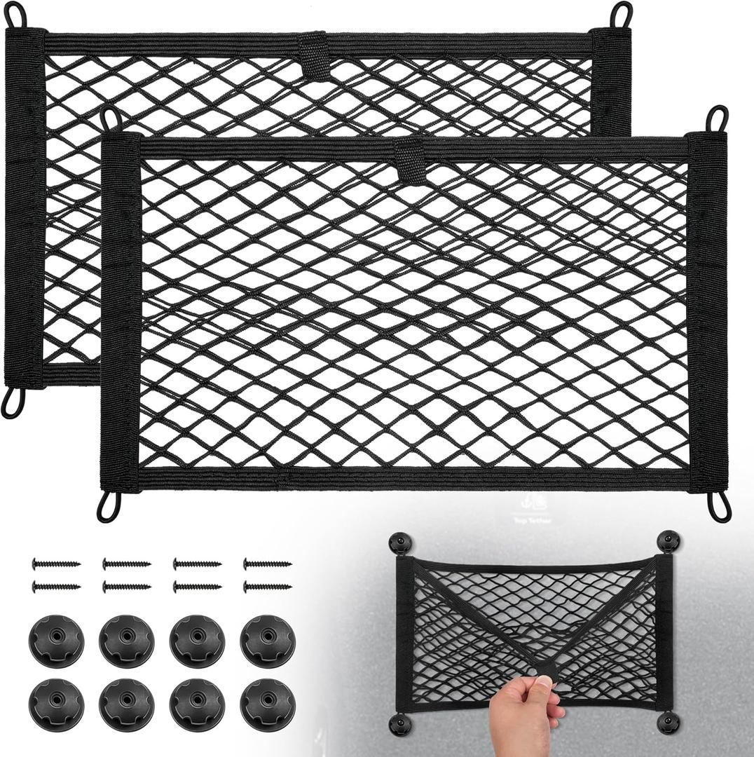 BUMBEE Mesh Cargo Net, Envelope Netting, Elastic Pocket Pouch Bungee Organizer for Car Seat Back RV Wall Trunk, Hooks & Screws Included(17.7'' x 9.8'')