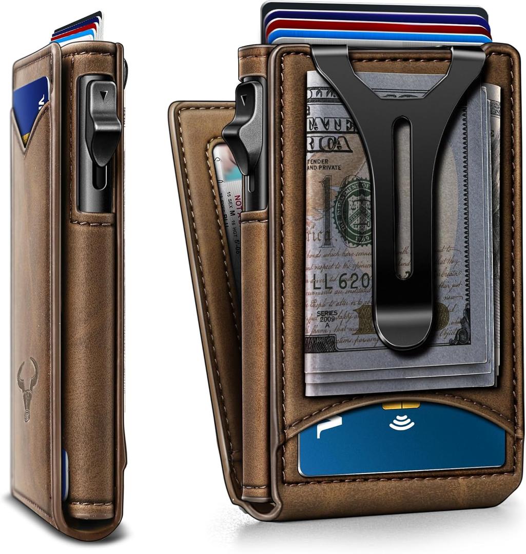 BULLIANT Men Wallet,Magnetic Metal Wallet Money Clip 9Cards Pop-up Access RFID Blocking (Tiger Eye-4339)