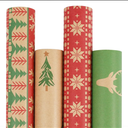 LaRibbons Kraft Christmas Wrapping Paper Set, 30 Inch X 10 Feet (4 Rolls: 100 Sq. Ft. Ttl) Snowflake, Green Tree, Deer Antlers and Gift Box Shapes Design for Xmas, Party, Holiday, Celebration