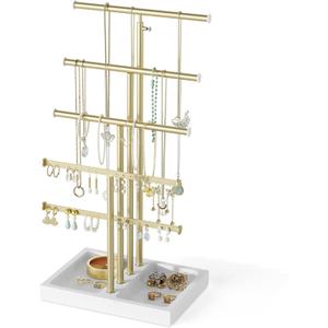 Love-KANKEI Jewelry Organizer Stand,5 Tier Large Necklace Holder with Wood Base,Jewelry holder stand Tree for Display,Bracelets Earrings Rings,Height Adjustable Gift White and Gold