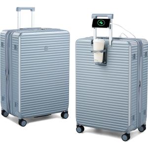 Large Checked Luggage 28 Inch Hard Shell Suitcases, Expandable Travel Luggage Lightweight Check In Luggage with Spinner Wheels Cup Holder Charger Built in, Silver