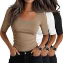 Neer 3 Pack Women's Scoop Neck Tops Half Sleeve Slim Fitted Cotton Blend Stretchy T-Shirts Tight Casual Basic Tees(XX-Large,Black, Khaki, White)