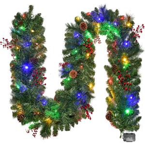 Christmas Garland with Lights 9FT, Lighted Christmas Garland Battery Powered 8 Lighting Modes, 50 LED Lights Garland, Red Berry, Christmas Pine Cone, for Stairs, Front Door, Christmas Decor