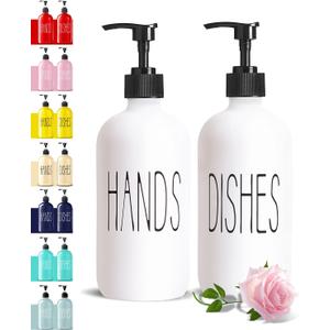 16 Oz Glass Soap Dispenser Set 2 Pack for Kitchen Sink,Contains Hand and Dish Soap Dispenser,White Kitchen Utensils