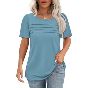 OFEEFAN Womens T Shirts Short Sleeve Tops Dressy Casual Blouses Spring Summer Outfits Flowy Pleated Front Scooped Neck (X-Large, Turquoise)