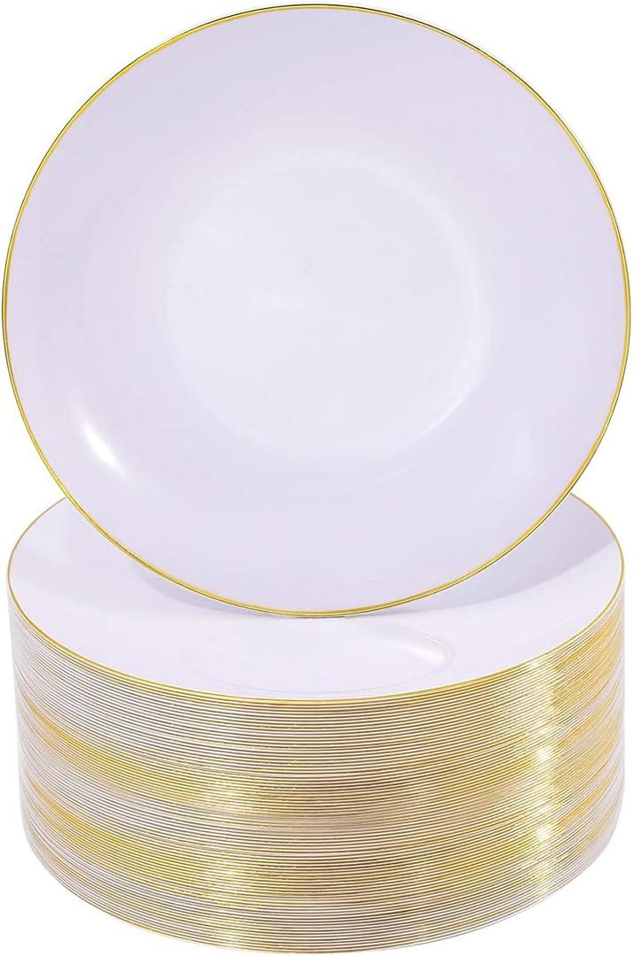 Nervure 100Pieces White with Gold Rim Plastic Plates - 7.5inch Disposable Gold Salad/Dessert Plate - White and Gold Plastic Plates Ideal for Wedding & Party & Thanksgiving