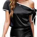 VIDUSSA Women's Off Shoulder Silk Tops Casual Short Sleeve Asymmetrical Neck Satin Blouse Shirts (Medium, Black With White)