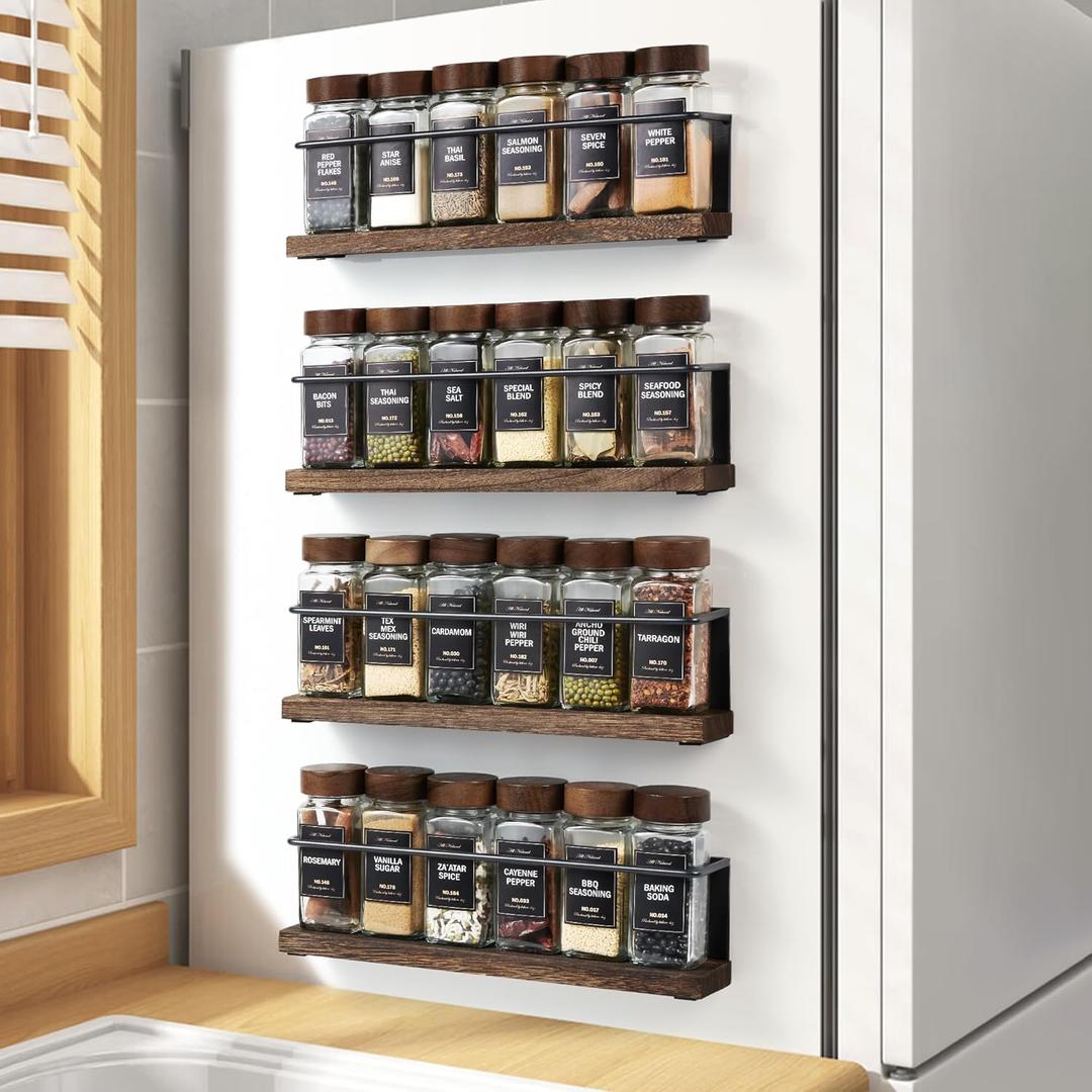 4 Pack Strong Magnetic Spice Rack Organizer for Refrigerator and Microwave Oven, Metal Fridge Shelf, Space Saver for Kitchen Organization and Storage, Black (No Jars)