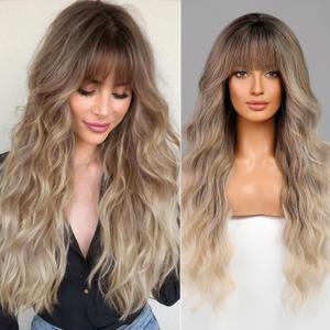 Ombre Ash Blonde Wigs with Bangs,Grey Blonde Long Wavy Wig for Women,Long Curly Synthetic Hair Wig for Party Daily Use 26IN