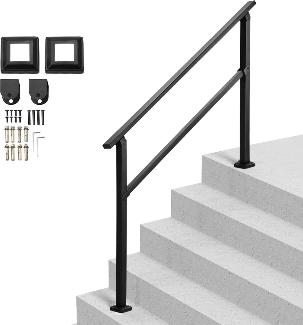 VEVOR Outdoor Handrails for Steps, 4-5 Step Stair Rail Kit, Black Square Tube with Horizontal Bar, Carbon Steel Support Rails for Seniors, Concrete & Deck Stairs, Easy Installation