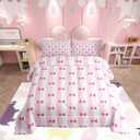 Feelyou Kids Girls Pink Bow Comforter Set,White and Pink Stripe Bow Bedding Set King Size,Cute Bowknot Comforter,Kawaii Soft Bed Set