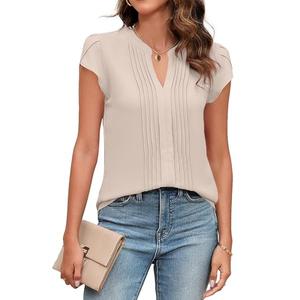 Blooming Jelly Womens Blouses Dressy Causal V Neck Pintuck Short Petal Sleeve Business Tops 2025 Ladies Summer Trendy Shirt (S, Apricot),